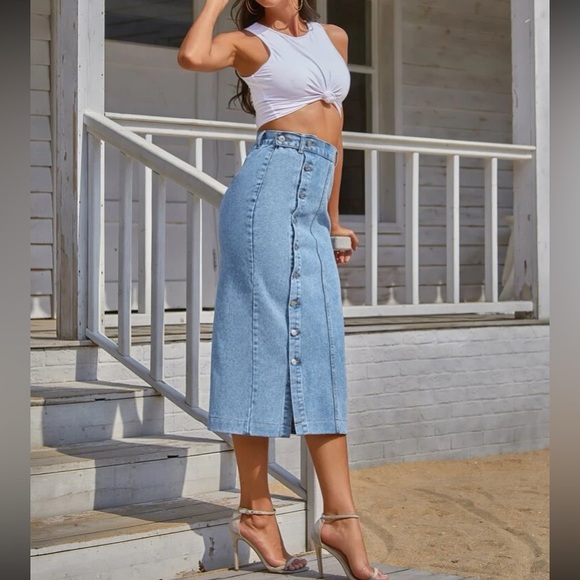 Boho button detail denim midi skirt - Picture 5 of 16